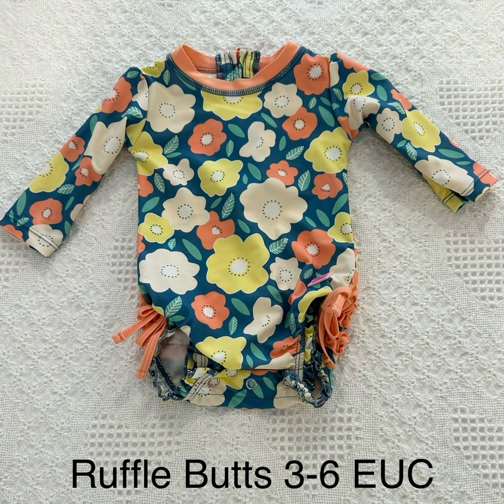 Ruffle Butts Teal Floral Rashguard - Yellow, Peach, Cream Flowers